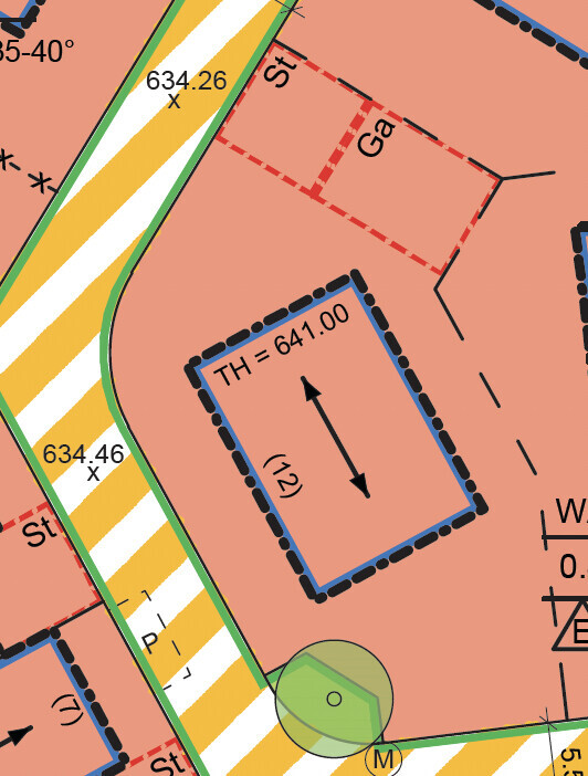 Grundstücksplan mit Parzellen, Straßenzug und Grenzlinien