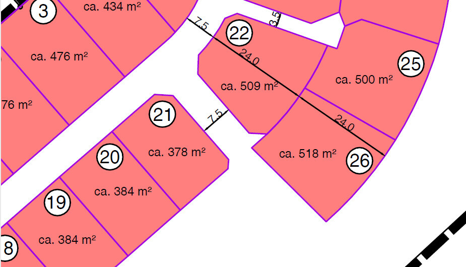 Katastralplan: Pink farbige Parzellen mit Nummern 3–26; Flächen ca. 378–518 m².