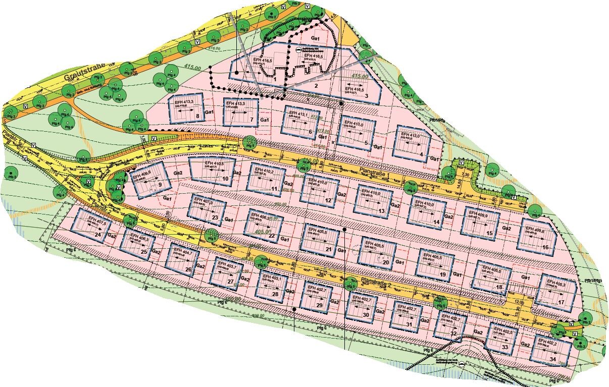 Lageplan einer Baufläche mit Grundstücken, Straßen und Bäumen.