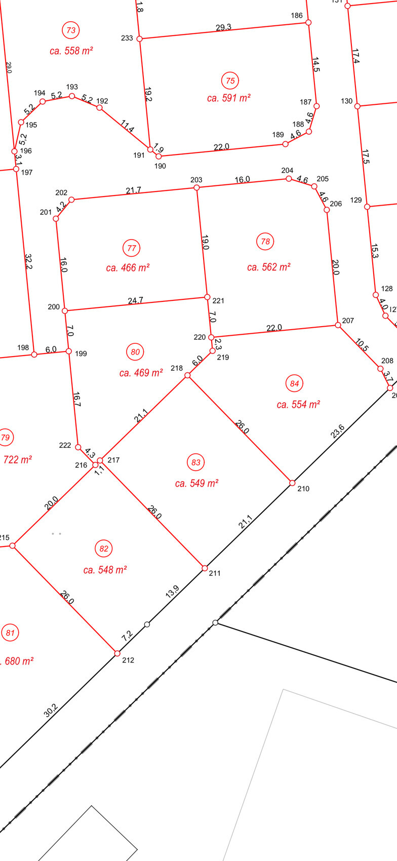 Lageplan mit Parzellen, roten Grenzlinien und Flächenangaben