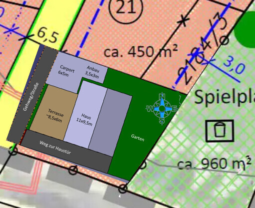 Grundstücks-Lageplan: Haus mit Terrasse, Carport, Garten und Weg zur Haustür.