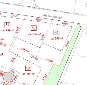 Plotplan mit nummerierten Grundstücken, Grenzlinien und Straßennamen.