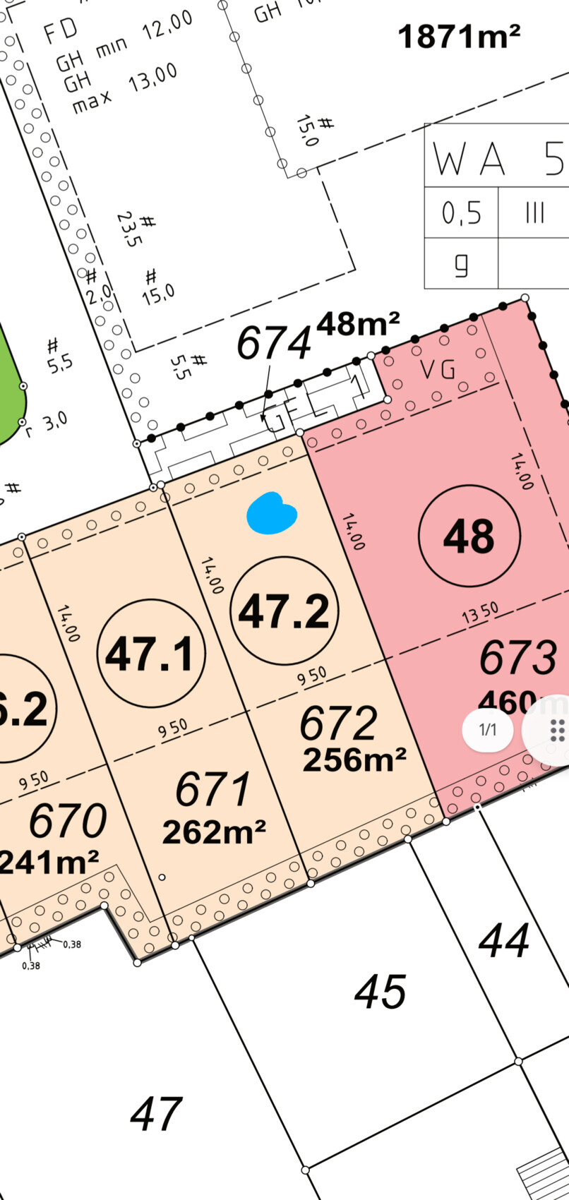 Lageplan mit farblich markierten Grundstücken und Flächenangaben in m².