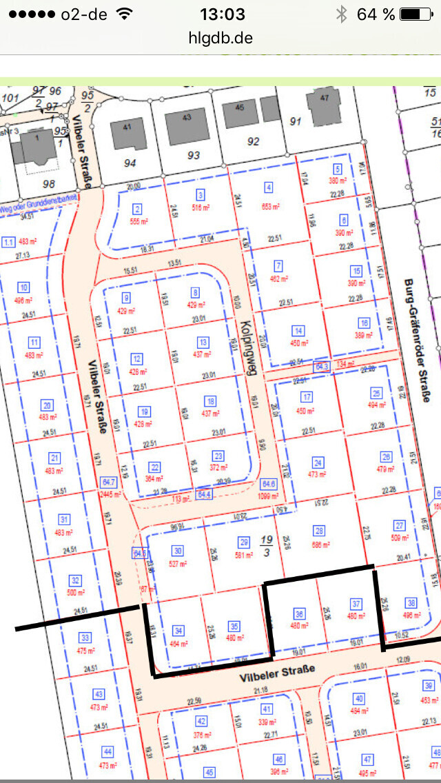 Lageplan mit Grundstücksgrenzen, Parzellen und Straßen in einer Siedlung.