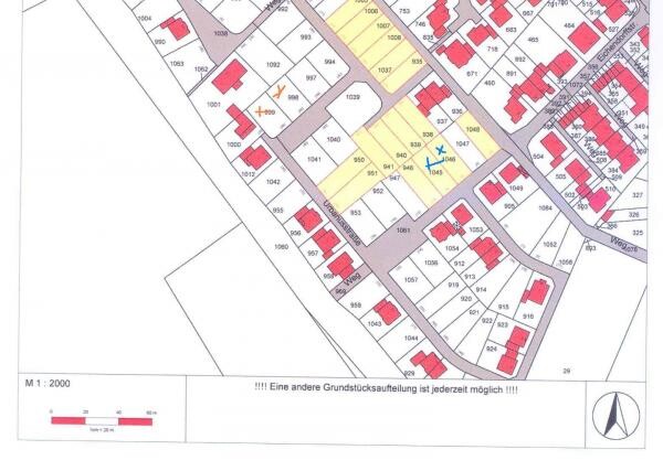 Übersichtsplan einer Siedlung mit Grundstücken, Parzellen und Wohnhäusern
