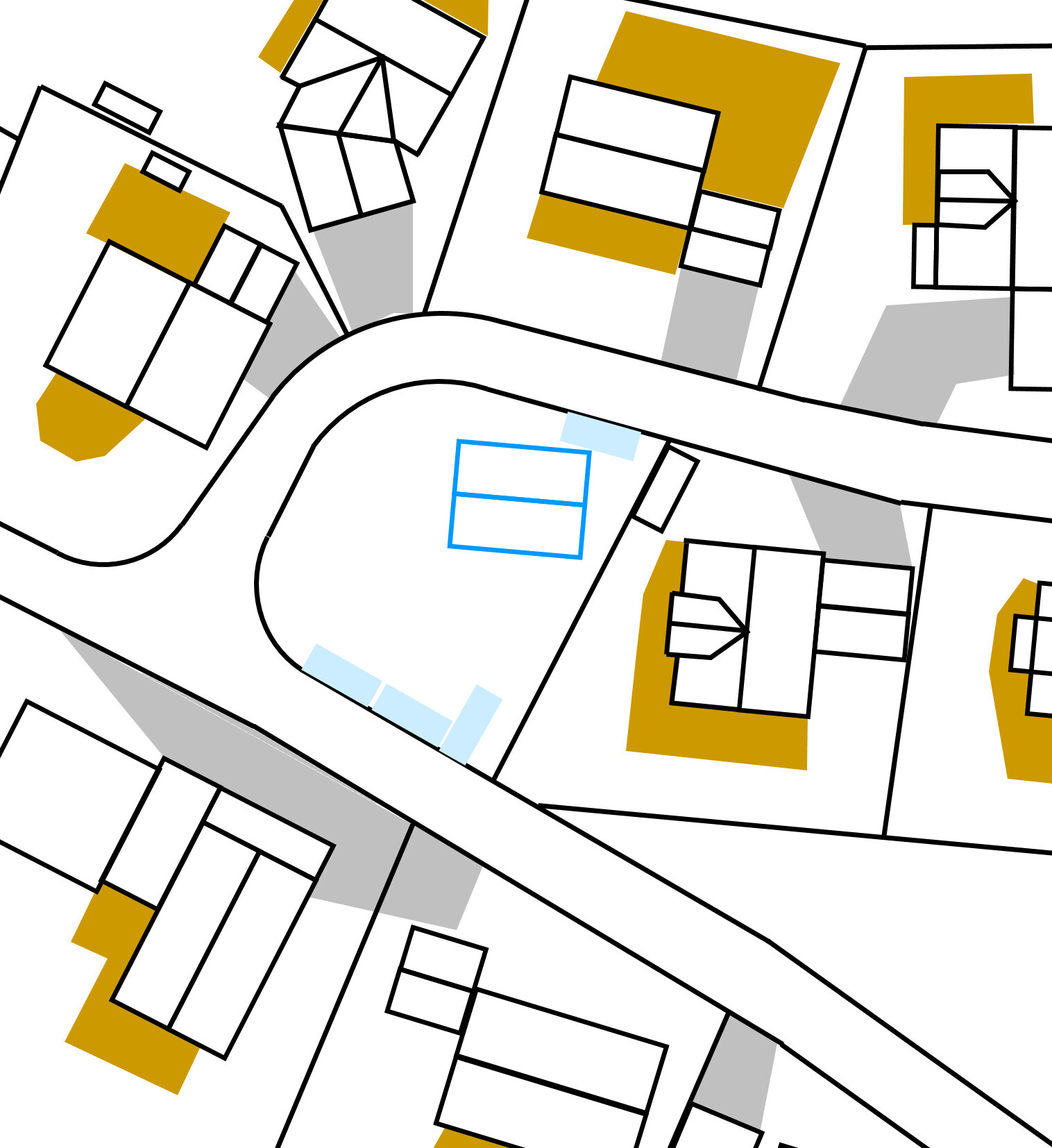 Lageplan von mehreren Grundstücken mit Hausgrundrissen, Straßenverlauf und Gebäuden