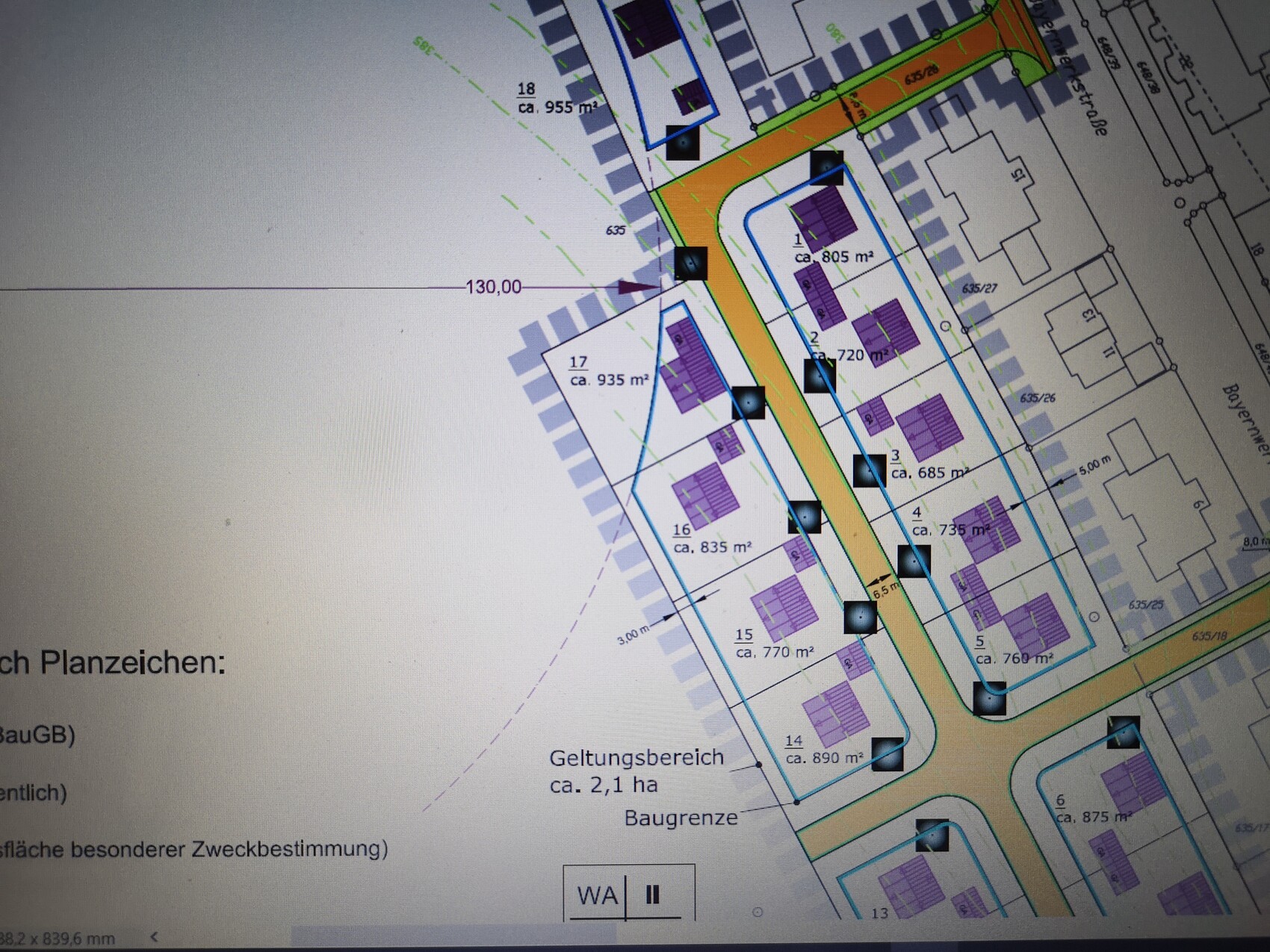 Lageplan eines Baugebiets mit Straßen, Grundstücken und Flächenangaben in m²