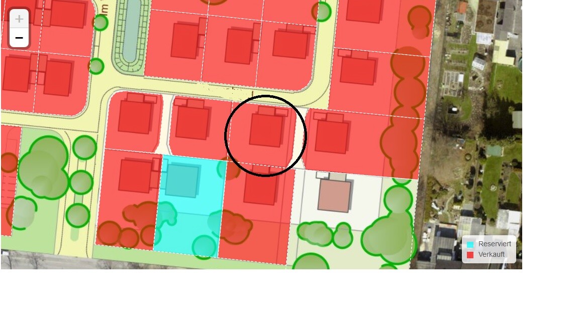 Lageplan eines Wohngebiets mit farblich markierten Grundstücken und Kreis um ein Haus.