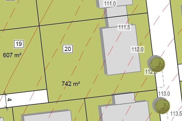 Lageplan der Grundstücke mit Parzellengrößen, Grenzlinien und Baufeldern