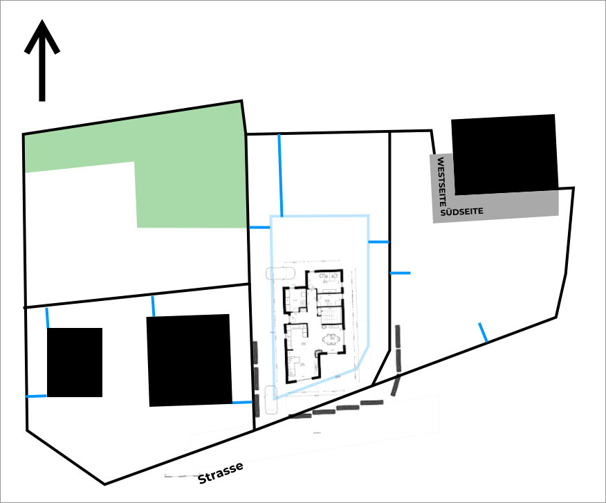 Lageplan: Grundstück mit zentralem Haus, grüne Fläche links, blaue Linien, Strasse unten, Nordpfeil.