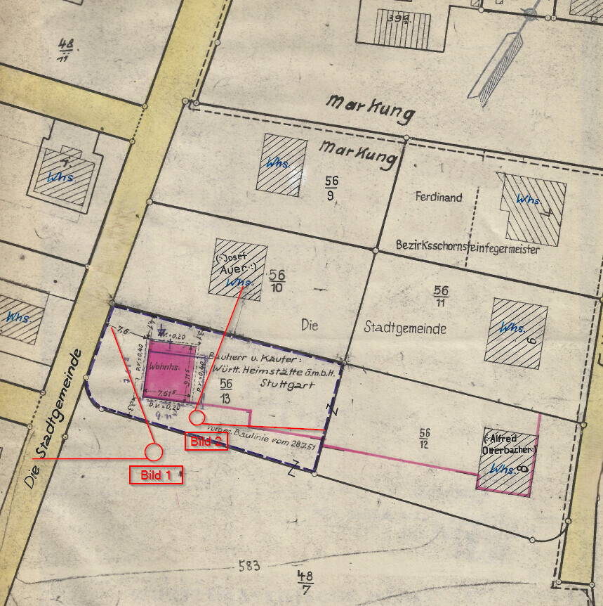 Historischer Grundstücks- und Parzellenplan mit Grenzlinien, Gebäuden und Straßennamen