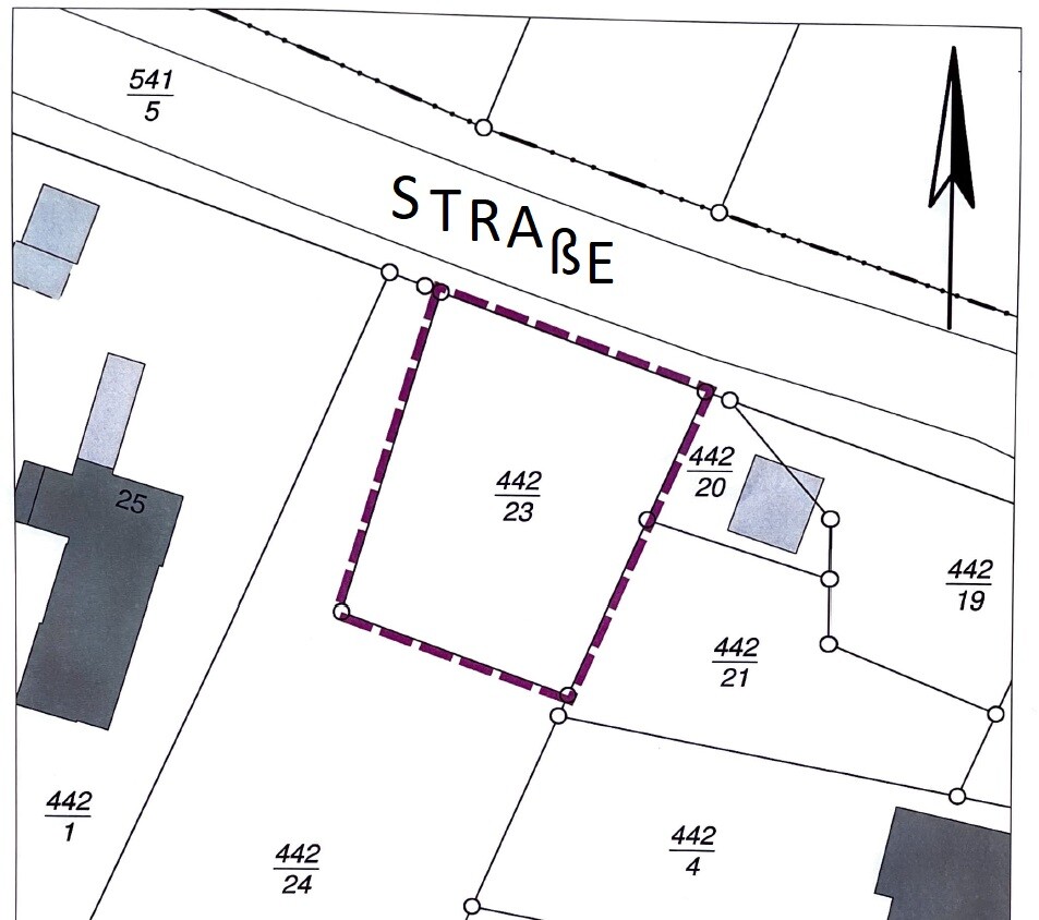 Liegenschaftsplan: Grundstück 442/23 mit violette Umrandung an der STRASE, umliegende Gebäude