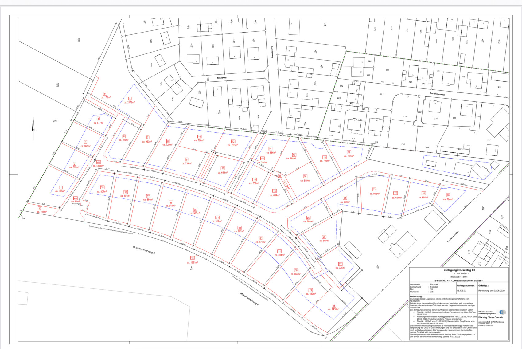Katasterplan einer Siedlung mit Parzellen, Grenzlinien und Straßennetz.