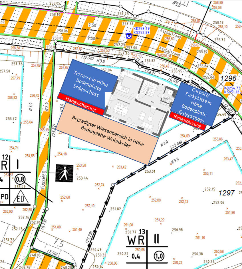 Bauplan: Gebäudegrundriss mit Terrassen, Hang- und Bodenschutz.