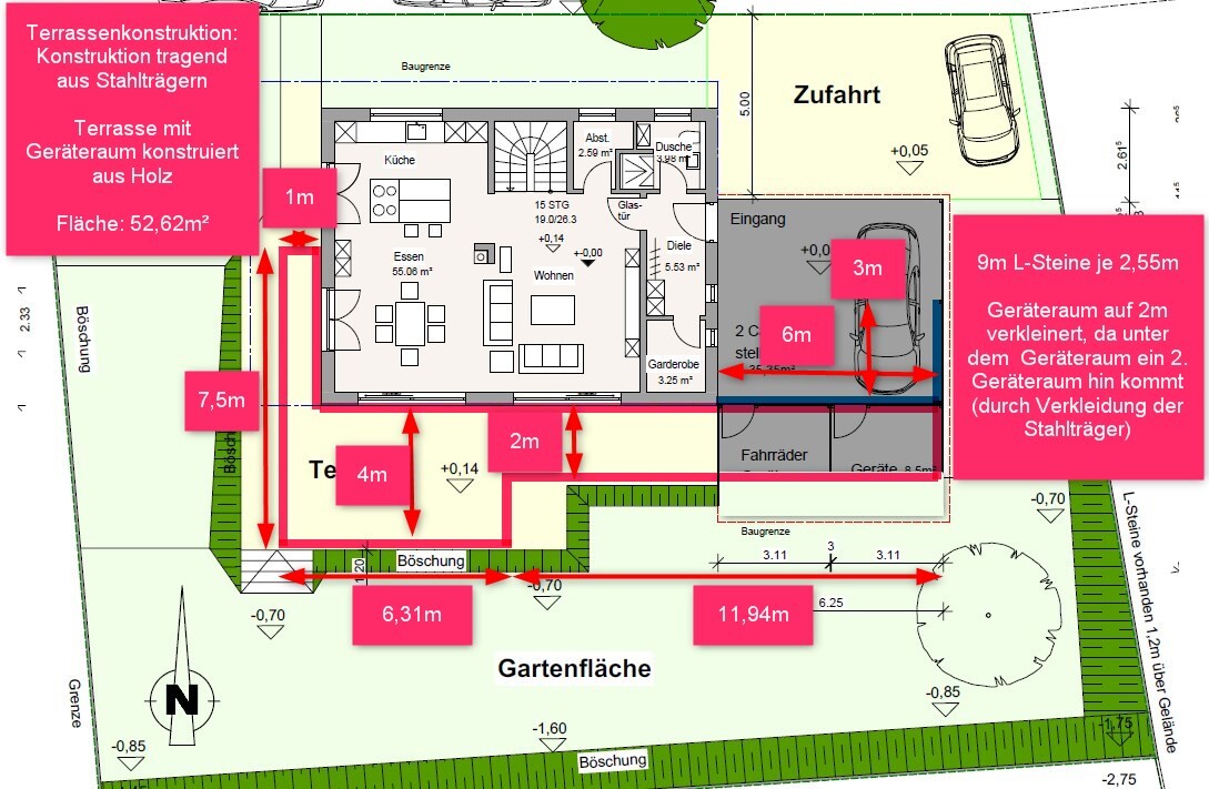 Lageplan eines Hauses mit Terrasse, Garten, Zufahrt und Carport