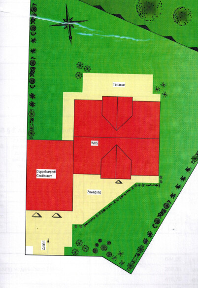 Standortplan: Zwei rote Baukörper, Terrasse, Zuwegung und Doppelcarport/Geräteraum auf Grünfläche.