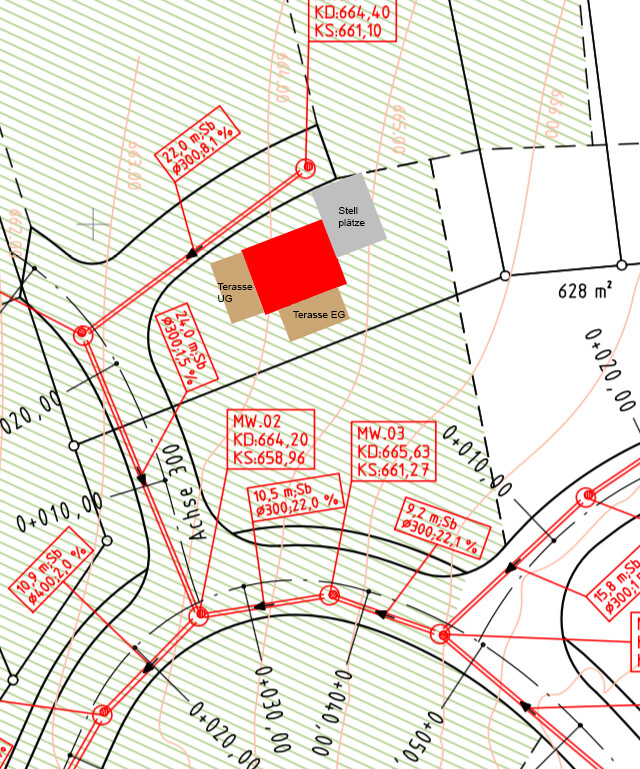 Lageplan eines Baugrundstücks mit Terrasse, Stellplätzen und Grundstücksgrenzen.