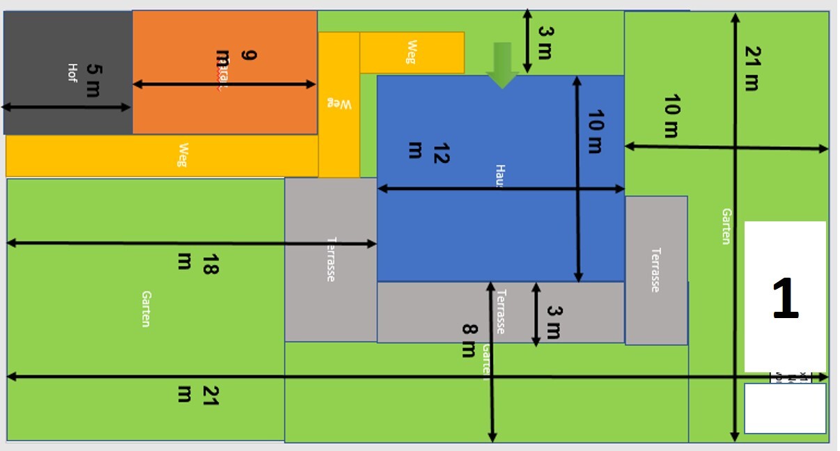 Grundriss eines Gartens: Haus blau, Garten grün, Wege gelb, Terrasse grau, Maße in Metern.