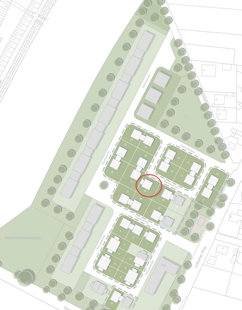 Lageplan eines Wohngebiets mit Parzellen, Straßen und Grünflächen, rote Markierung eines Grundstücks.