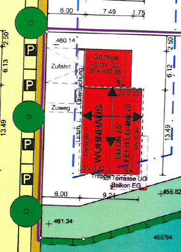 Lageplan eines Grundstücks mit Wohnhaus, Garage, Zufahrt und Garten