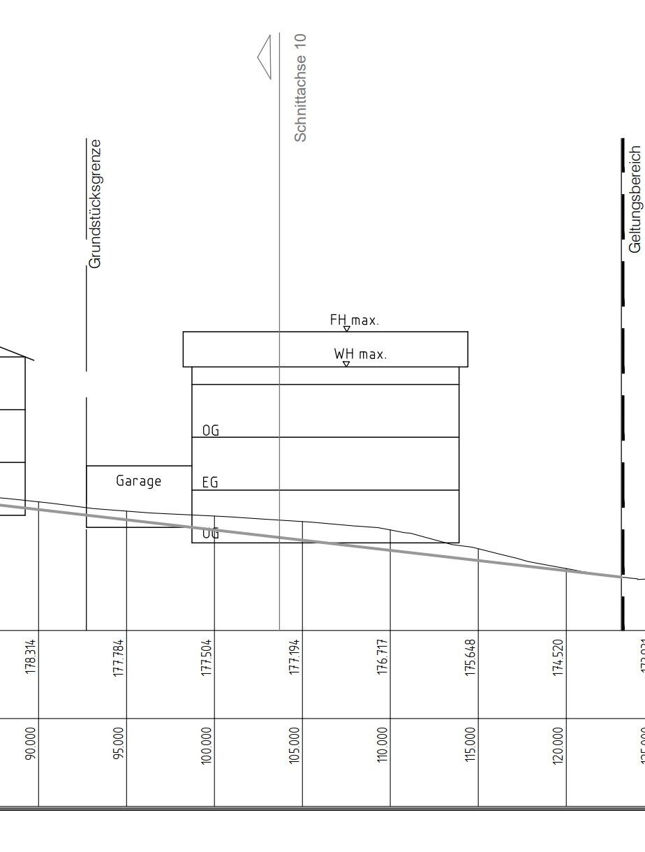 Schnittplan: Garage, mehrstöckiges Gebäude UG/EG/OG, Grund- und Geltungsbereich, Achse 10.