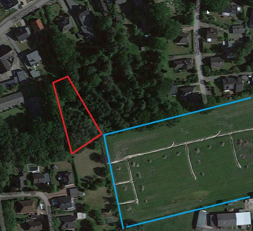 Luftaufnahme zeigt roten Grundstücksumriss neben Wald und Straße, blaue Grenzlinie markiert