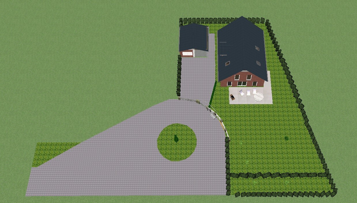 Vogelperspektive eines Anwesens: Rundzufahrt mit Insel, Haus, Garten und Hecken.