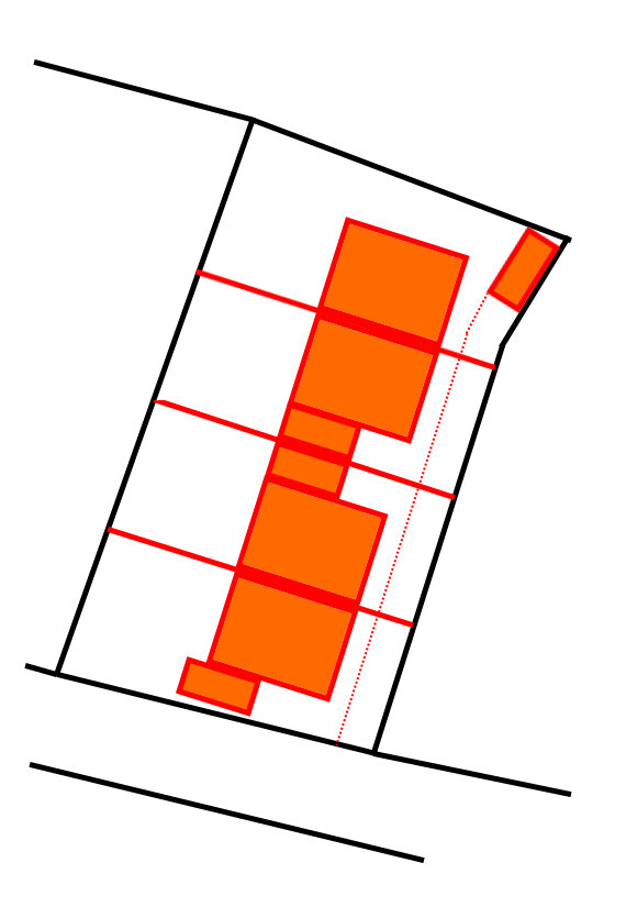 Schräges Diagramm mit orangefarbenen Rechtecken, roten Linien und gestrichelter Randlinie.