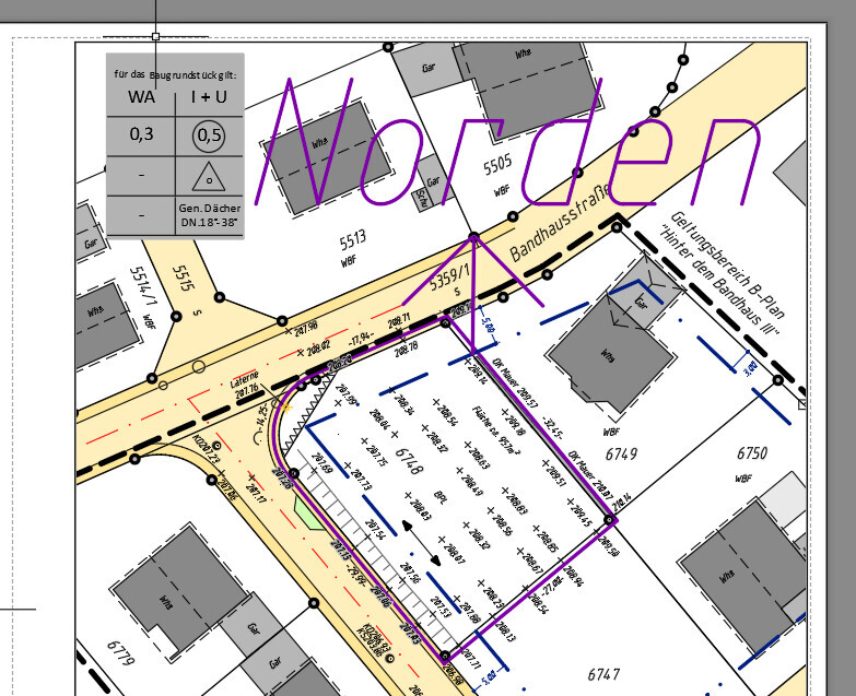 Lageplan Bandhausstraße: Bauflächen, Grundstücke; violette Fläche markiert.