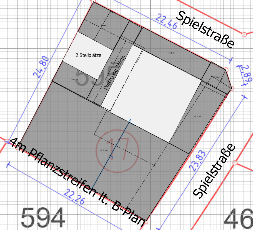 Grundstücks-Lageplan: Spielstraße, 2 Stellplätze, Durchgang 210 cm, 4 m Pflanzstreifen