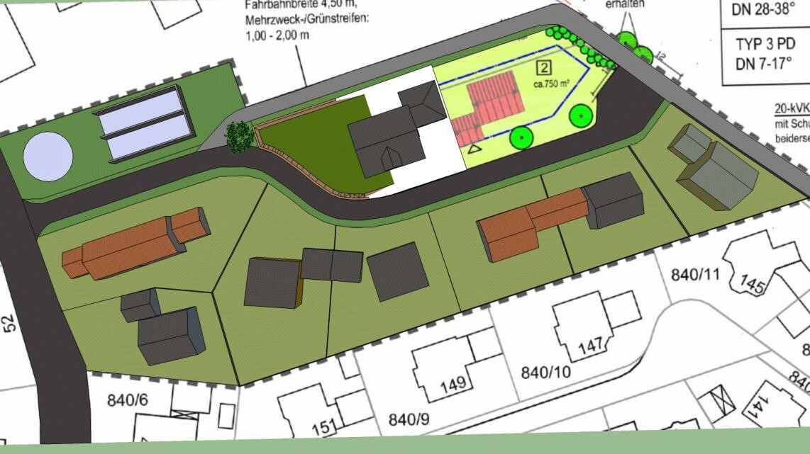 Lageplan eines Baugrundstücks mit Häusern, Zufahrten und Gartenflächen.