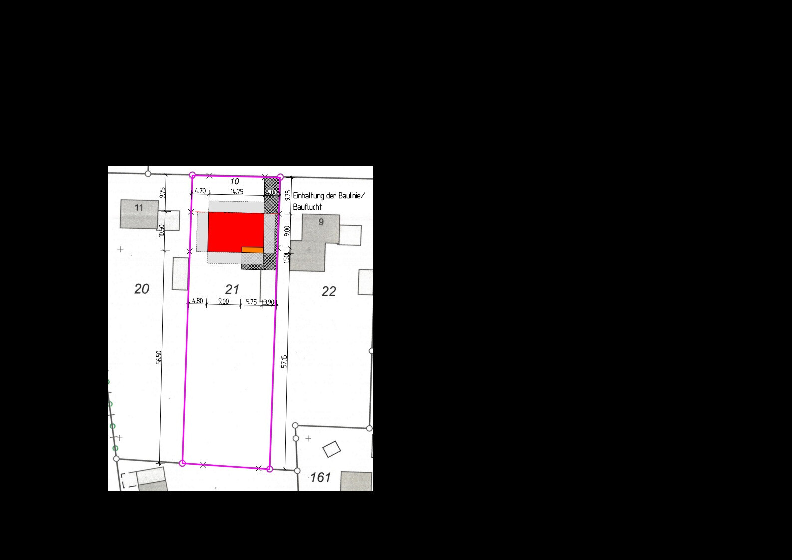 Bauplan mit pinker Umrandung des Grundstücks Lot 21; roter Baukörper im Inneren.