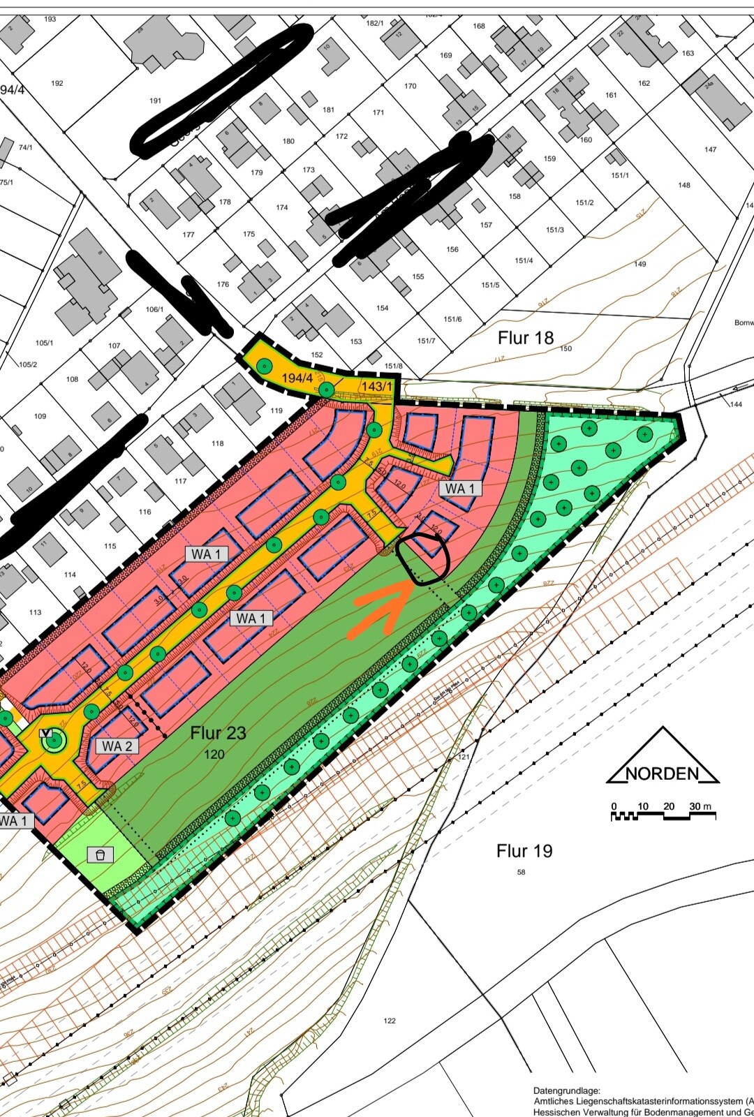 Lageplan eines Baugebiets mit farbcodierten Zonen WA1/WA2, Grünflächen und Straßen.
