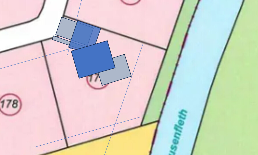 Pinke Parzellen (Nr. 178) mit blauen und grauen Markierungsquadraten am Fluss.