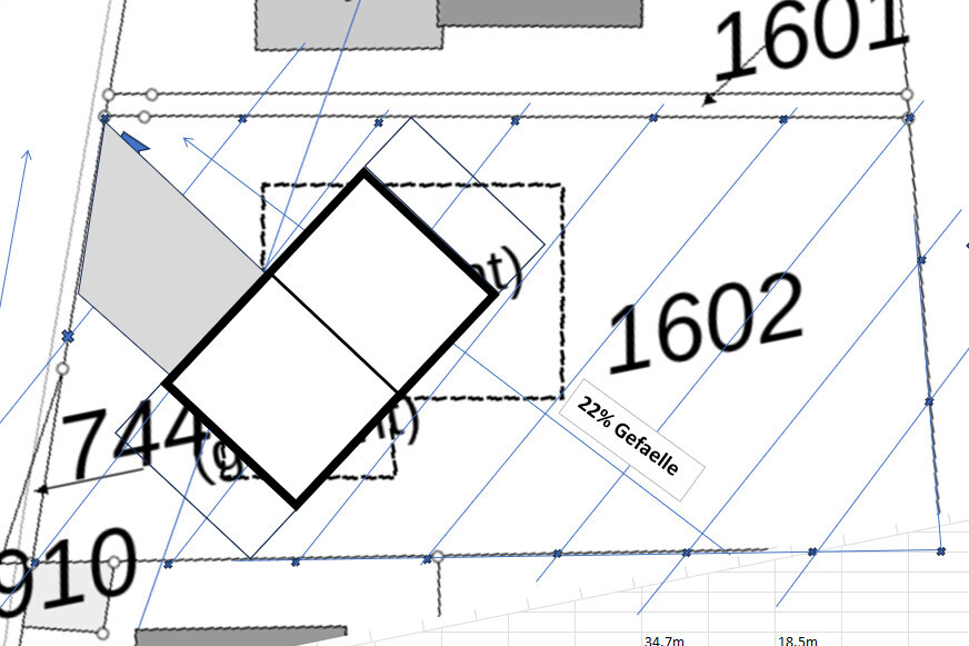 Baugrundriss: rotiertes Rechteck (Diamant) auf Plot mit Maßlinien, 22% Gefaelle, Nr. 1602.