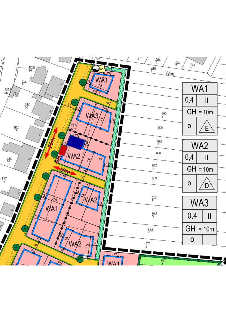 Lageplan eines Baugebiets mit WA1/WA2/WA3 Gebäuden, gelben Straßen, grünen Bäumen und Legende.