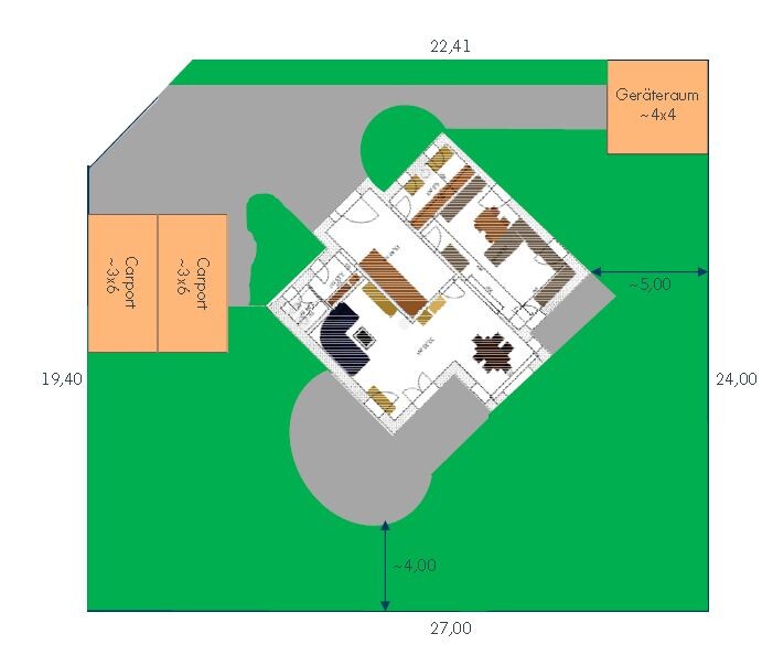 Lageplan: schräg liegender Hausgrundriss, zwei Carports links, Geräteraum rechts, grüne Flächen.