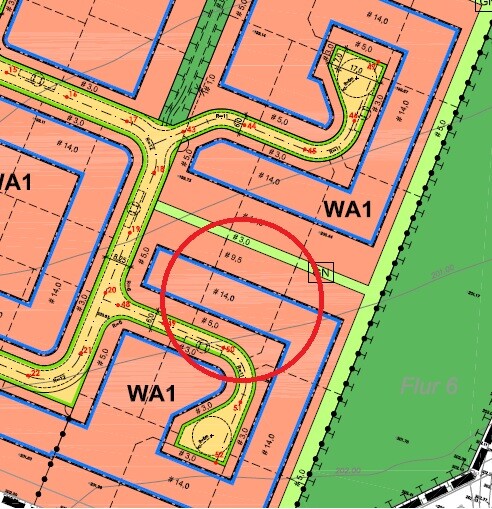 Lageplan eines Wohngebiets mit Grundstücksgrenzen, Straßen und rotem Kreis zur Baufläche
