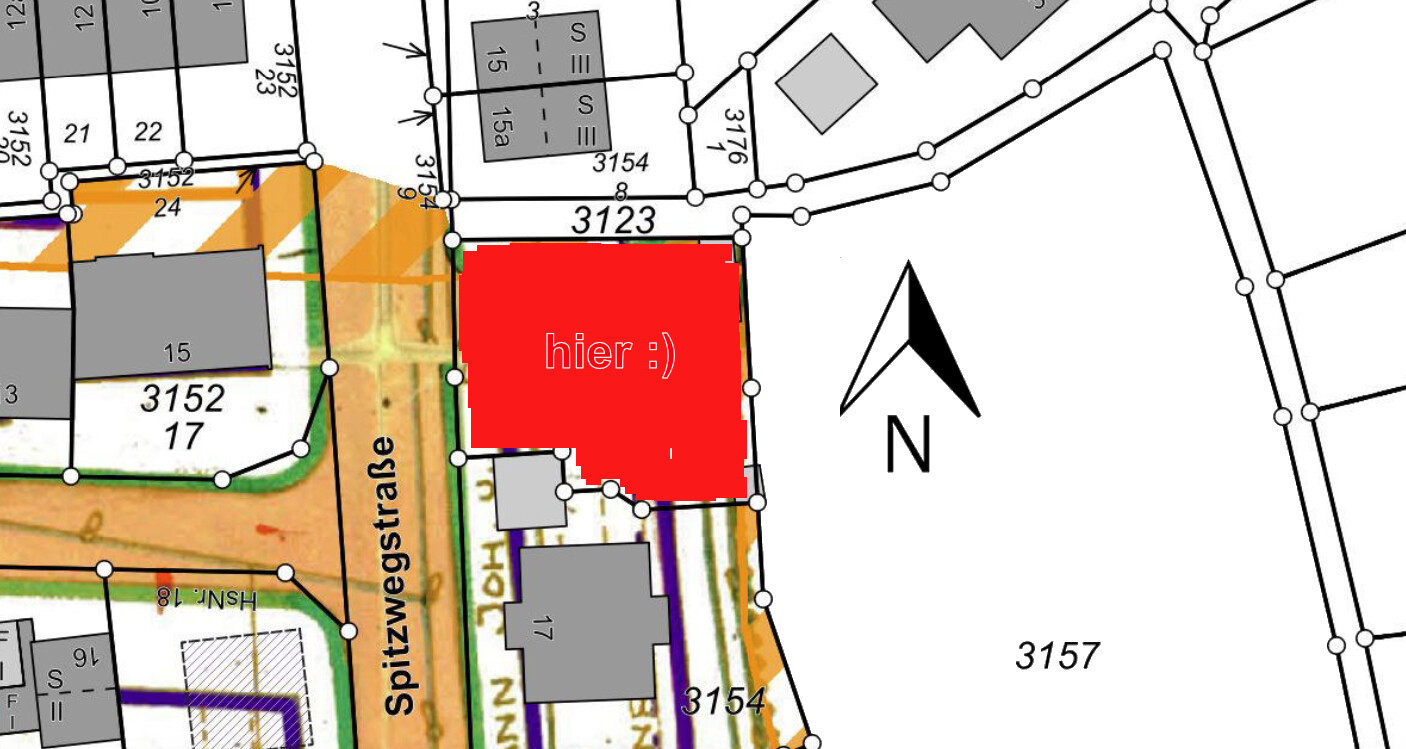 Grundstückskarte mit roter Markierung des Bereichs und Straßennamen