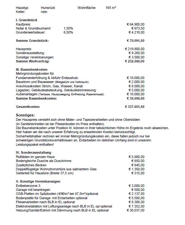 Kostenübersicht für Hausbau mit Grundstück, Bau- und Sonderkosten in Tabellenform.