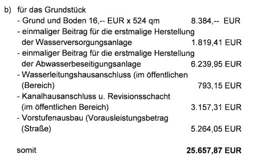 Kostenliste zum Grundstück: Boden, Wasserversorgung, Abwasser, Anschlüsse, Gesamt 25.657,87 EUR