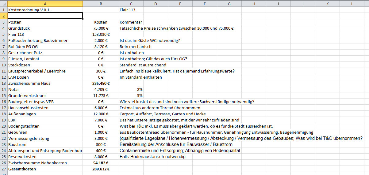 Excel-Tabelle mit Kostenaufstellung für Grundstück, Grunderwerb, Notar und Baukosten