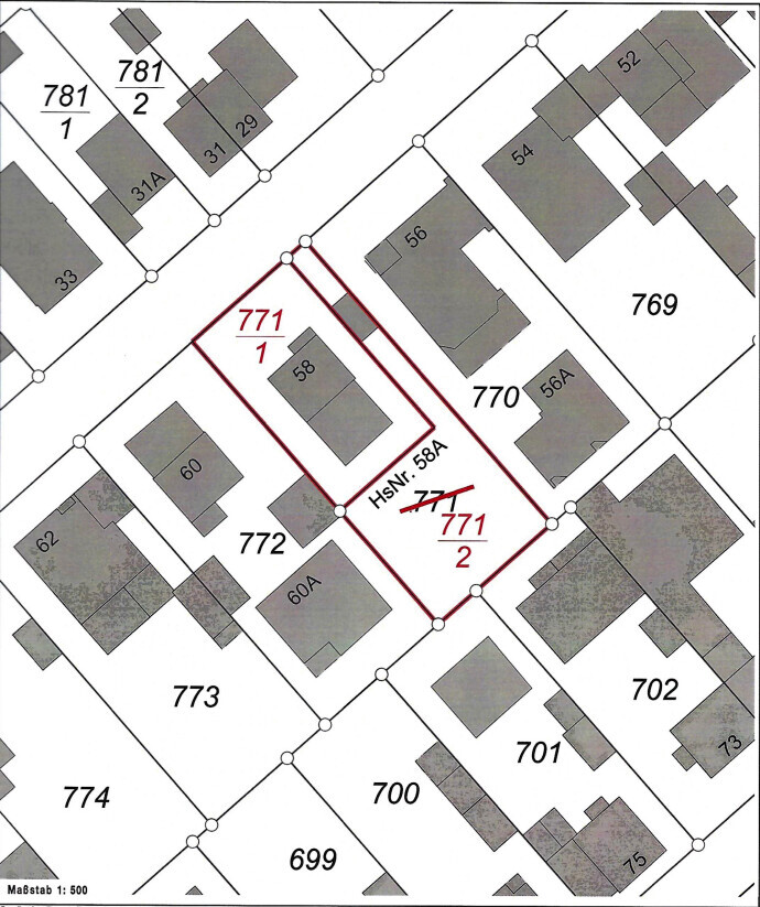 Katasterkarte mit rotem Umriss der Parzellen 771-1 und 771-2, umliegende Grundstücke.