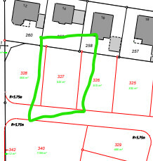Lageplan mit Parzellen, rot umrissene Grundstücke, grün markierte Parzellen