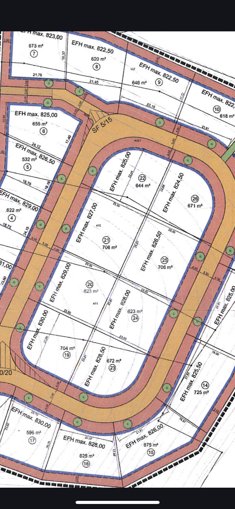 Lageplan einer Wohnsiedlung mit ringförmiger Straße und Parzellen mit Flächenangaben in m².