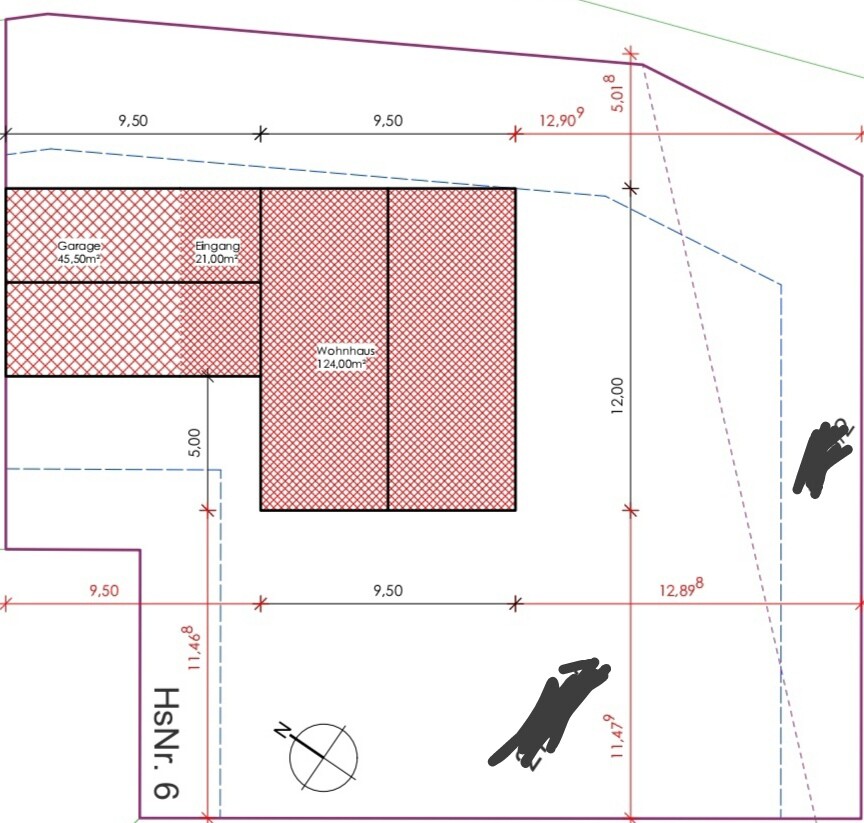 Grundrissplan eines Wohnhauses mit Garage, Eingangsbereich und Maßangaben.