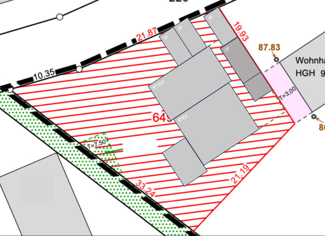 Grundstücksplan mit Gebäudefläche, Randlinien und roten Planlinien
