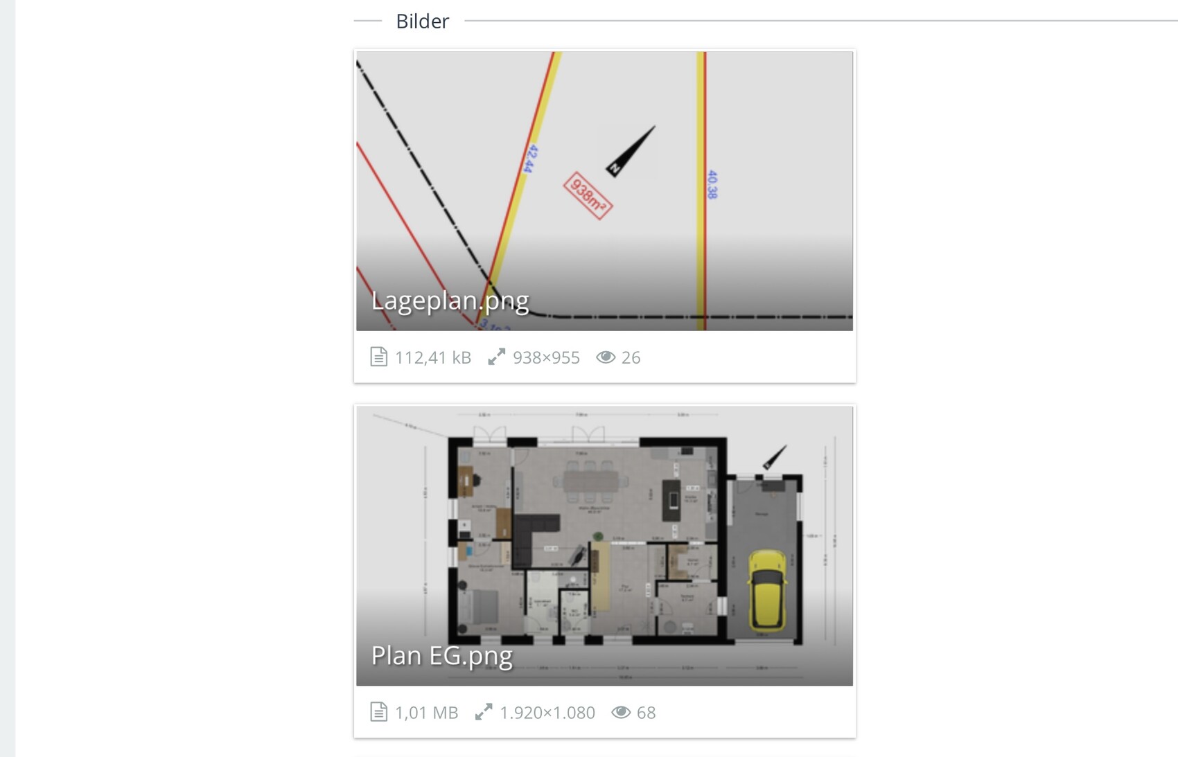 Zwei Bilder: Lageplan des Grundstücks und Grundriss des EG mit Garage.