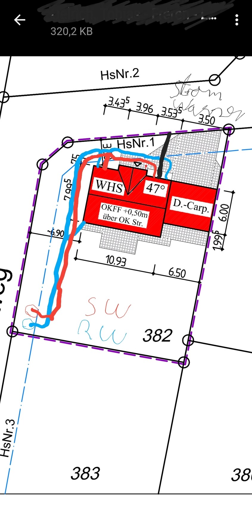 Lageplan eines Baugrundstücks mit rotem Gebäudeblock (WHS Nr.1) und D.-Carp; Maßlinien.