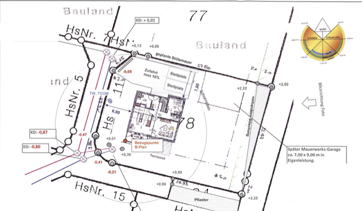Lageplan eines Bauvorhabens: Grundstück, Gebäudestruktur, Zufahrt, Terrasse, Parkflächen.